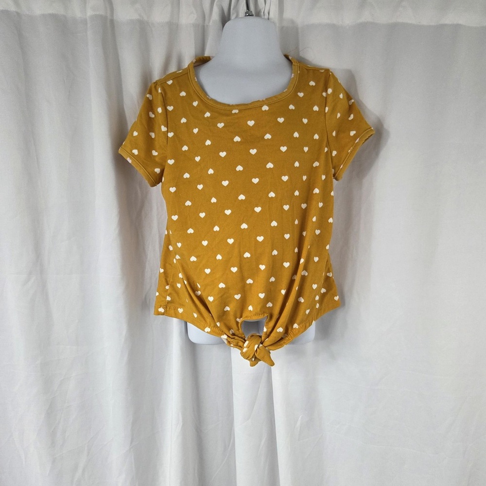 Emma & Elsa Shirt Girls 6 Yellow Heart Print Tie Front Tee Top Stretch Casual